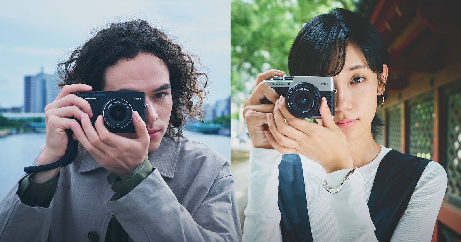 OM System PEN key visual showing silver and black bodies with EVF