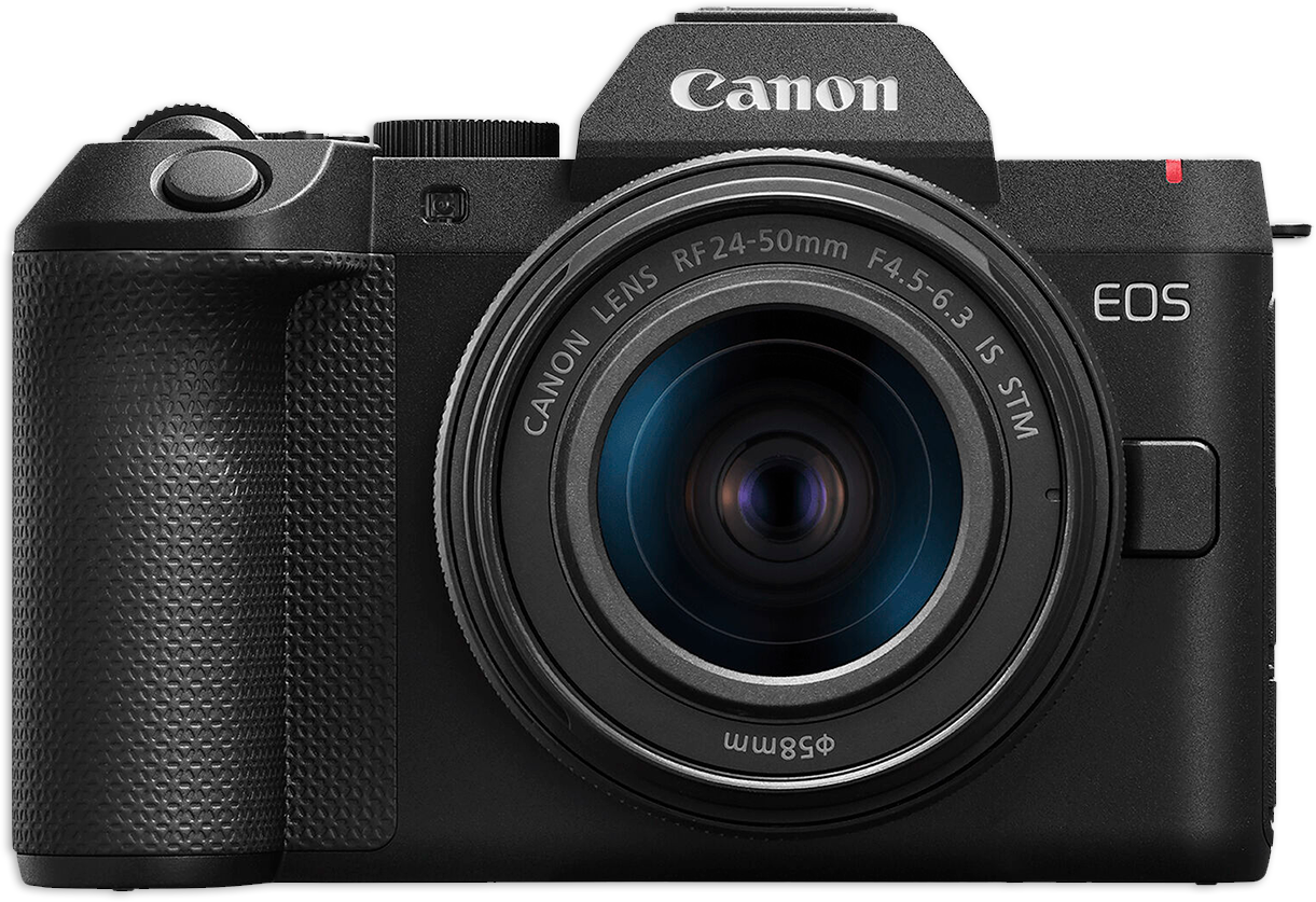 Canon EOS R8 Mark II shown in silver-top and black-body two-tone configuration from a 3/4 angle.
