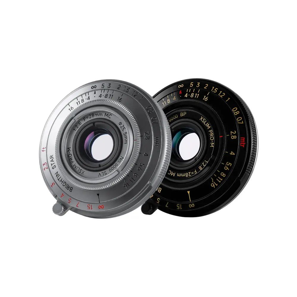 Brightin Star 28mm f/2.8 in liquid silver finish — a full-frame pancake lens for Leica M mount, 9.9mm thick, 125g