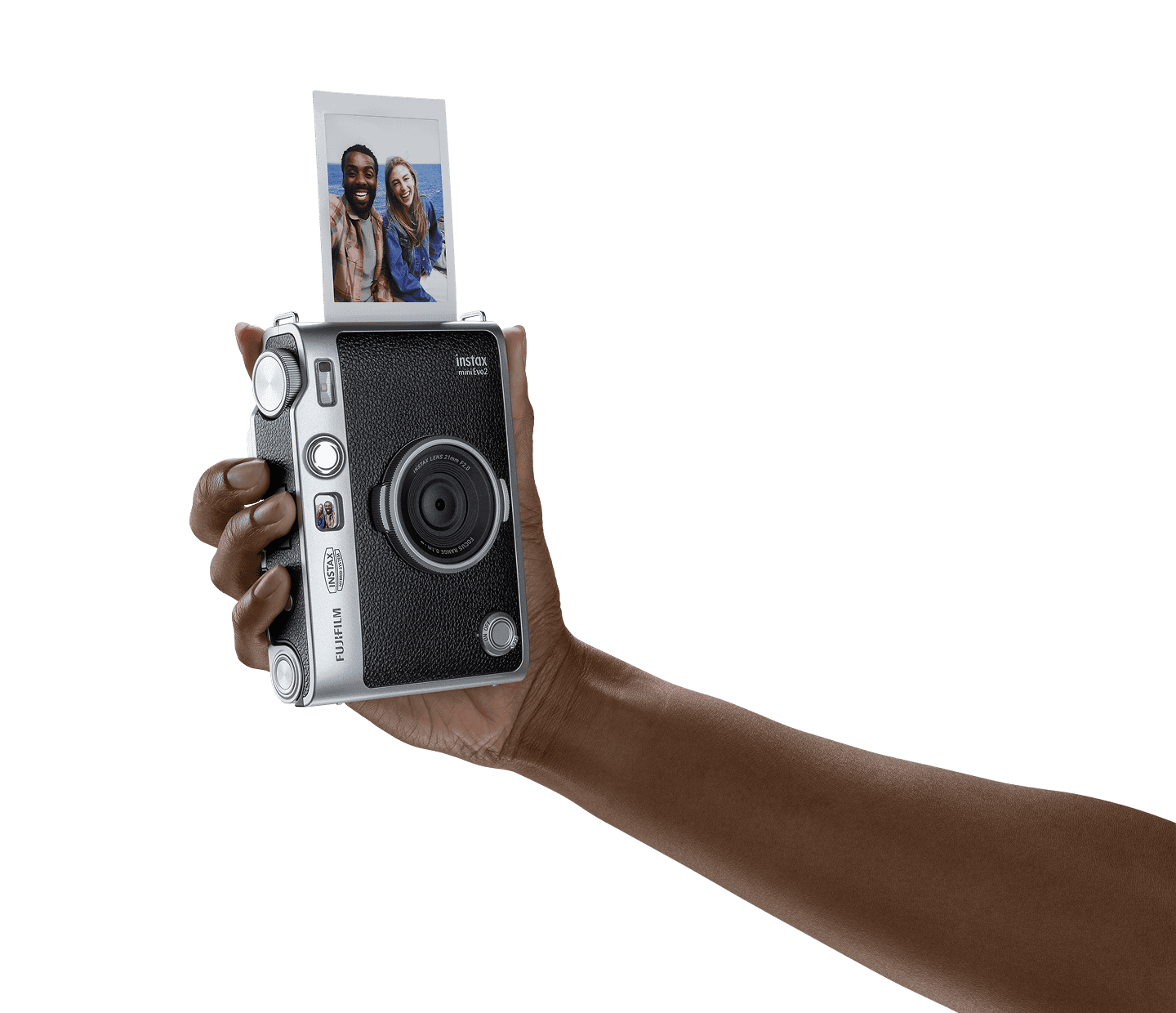 Fujifilm instax mini Evo 2 in black, front view — official Fujifilm product image