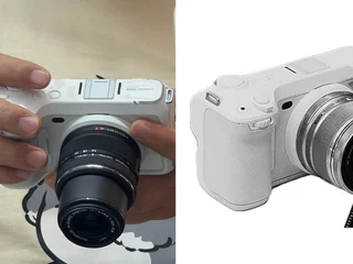 A white-bodied prototype camera held in hand next to a stylized line drawing of the same camera — leaked Insta360 Z One Micro Four Thirds mirrorless camera image, representative photo from PetaPixel coverage