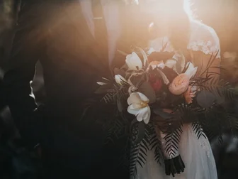 A wedding photographer reviewing backup workflow with memory cards and external SSD on a wooden table