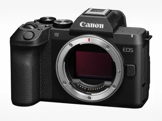 Canon EOS R8 Mark II mirrorless camera body shown from the front with RF lens mount, AF joystick and mode dial