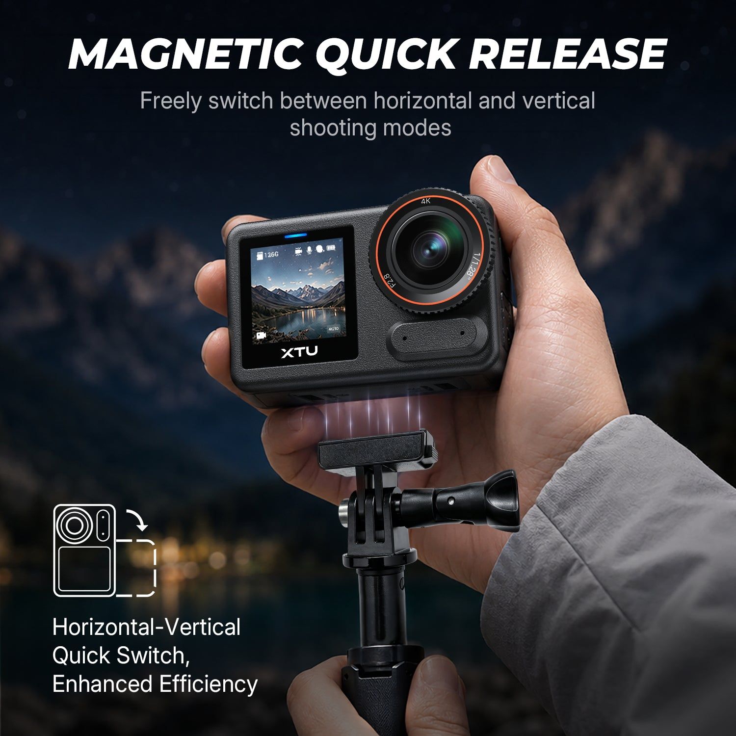 XTU S7 Pro Max action camera mounted for use, showing the body, lens and front screen