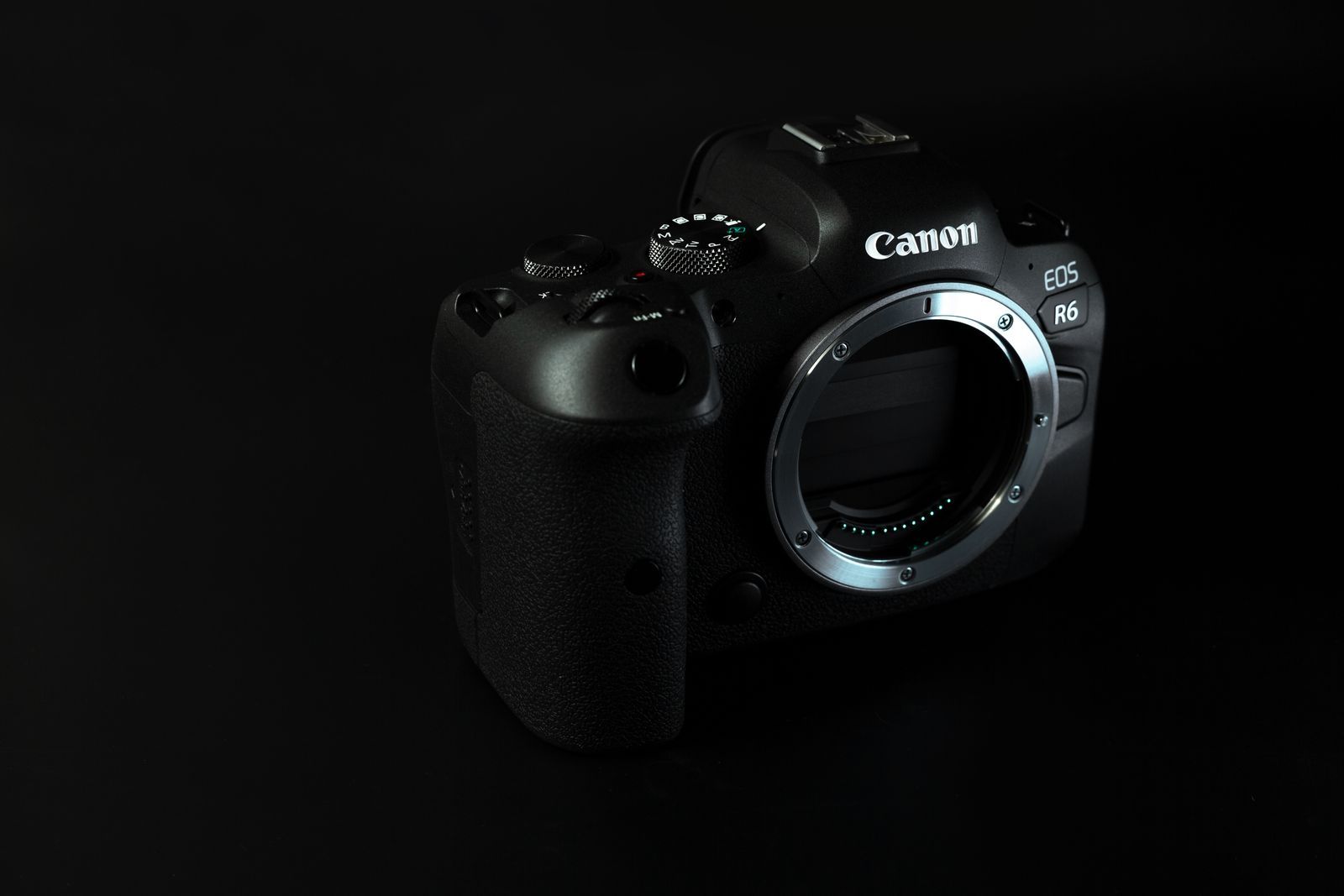 Canon EOS R6 mirrorless body on black background (comparison reference)