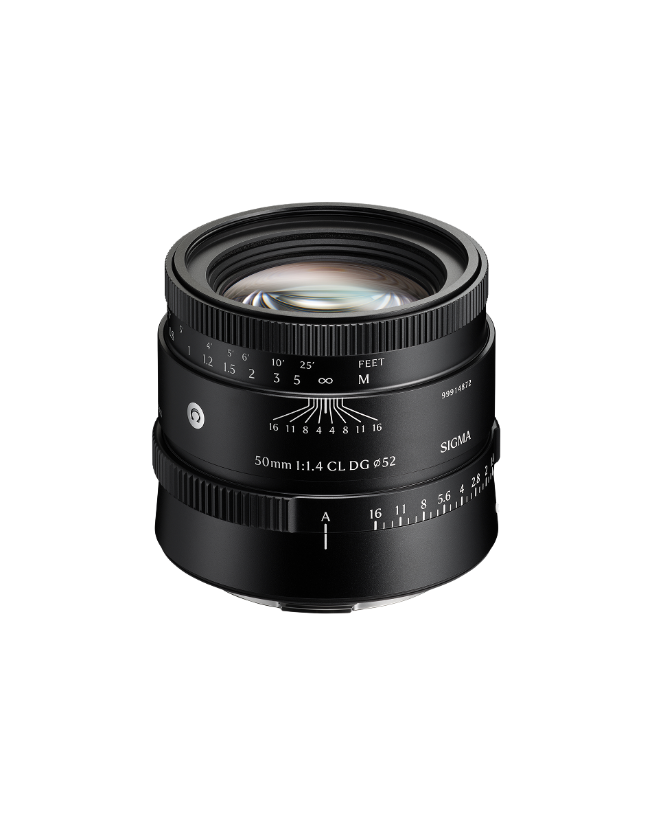 Sigma 50mm F1.4 CL DG Contemporary in black L-Mount, shown from the front with focus ring, aperture ring and depth-of-field scale