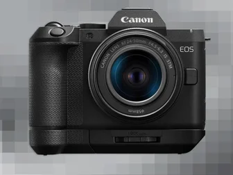 Canon EOS R8 Mark II full-frame mirrorless camera shown from the front in silver-top, black-body two-tone styling.