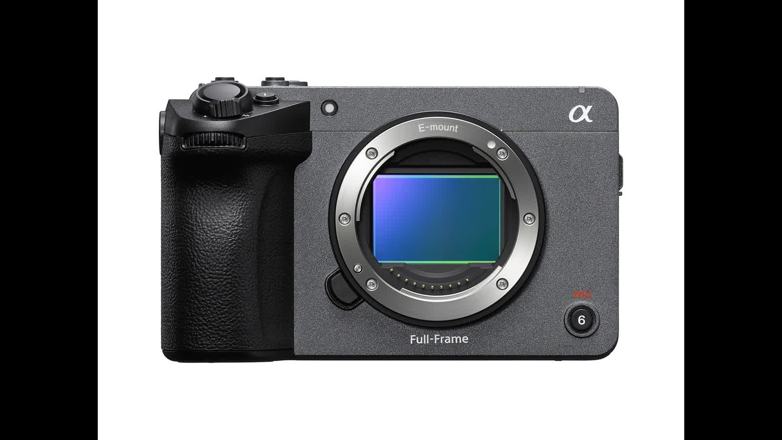 Sony FX5 full-frame cinema camera body — top control layout with multi-function dial and tally lamps, from the official Sony EU press release