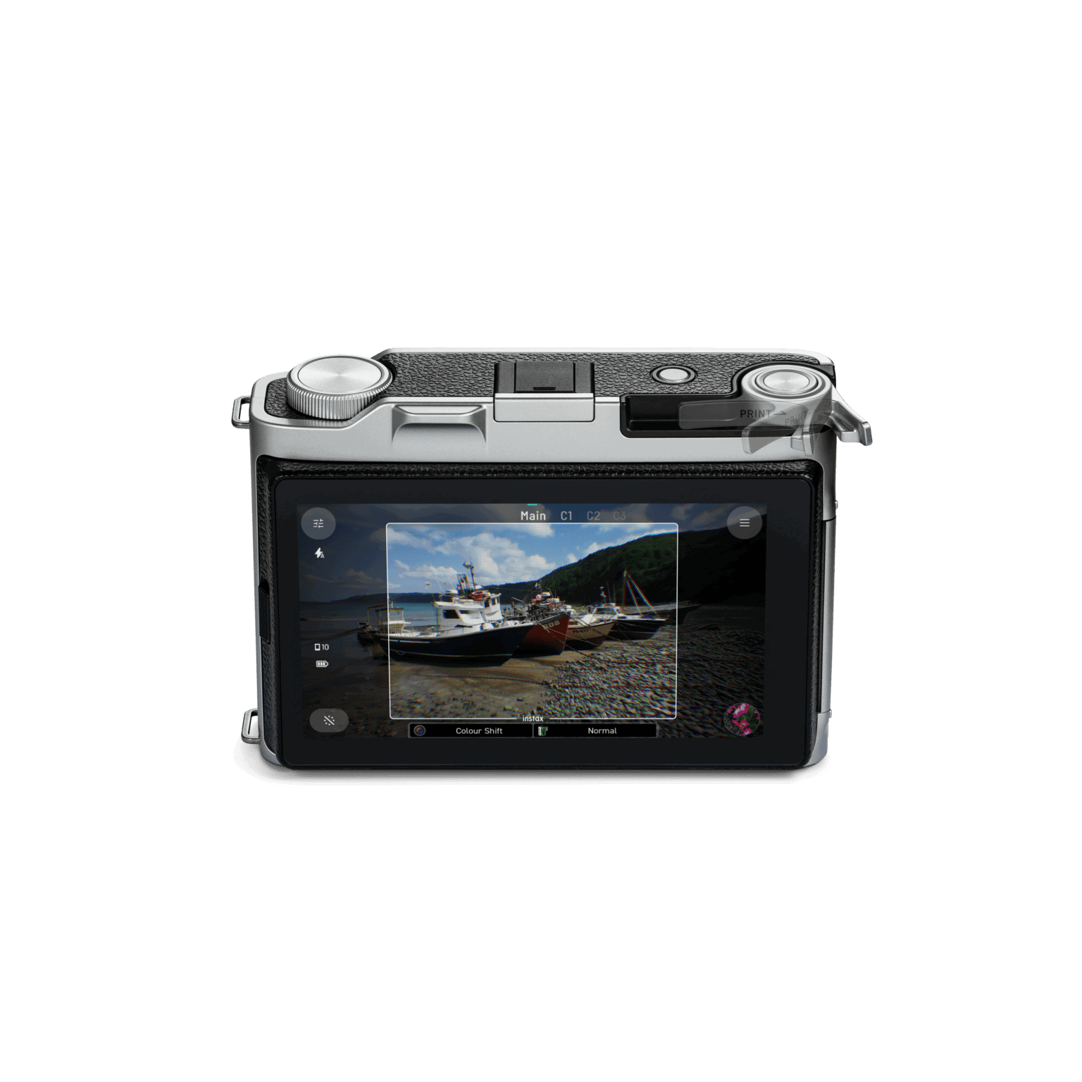 Printing a photo with the instax mini Evo 2 analog print lever — official Fujifilm promotional image