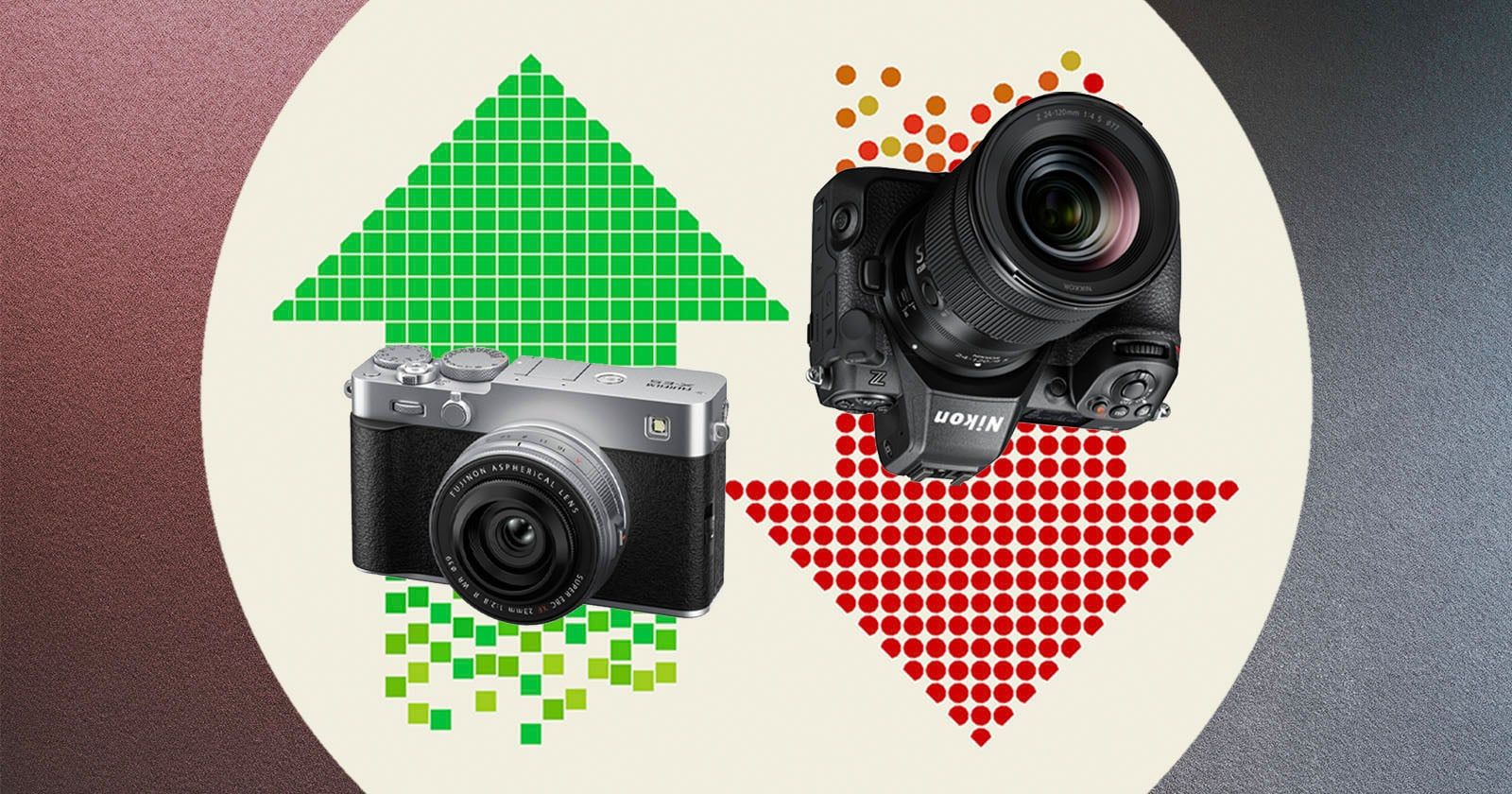 Fujifilm and Nikon camera market share comparison graphic for 2025 shipment data