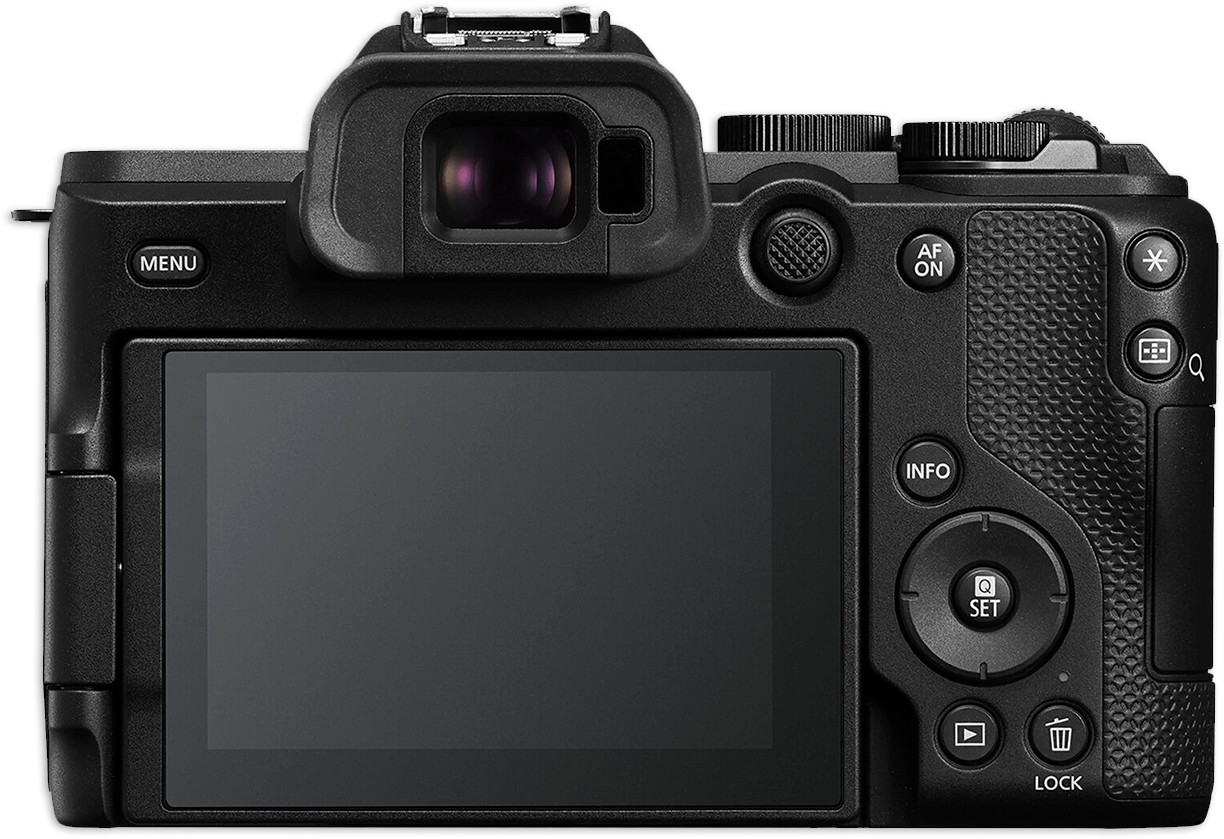 Canon EOS R8 Mark II rear view showing the new multi-controller joystick and articulating screen.