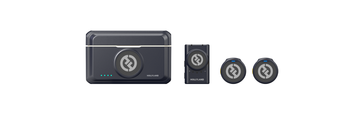 Hollyland Lark M2 wireless lavalier microphone system — camera combo version with two transmitters and a camera-mount receiver, retail kit shown