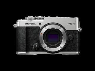 OM System PEN mirrorless camera in silver with rangefinder-style EVF body