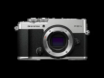OM System PEN mirrorless camera in silver with rangefinder-style EVF body