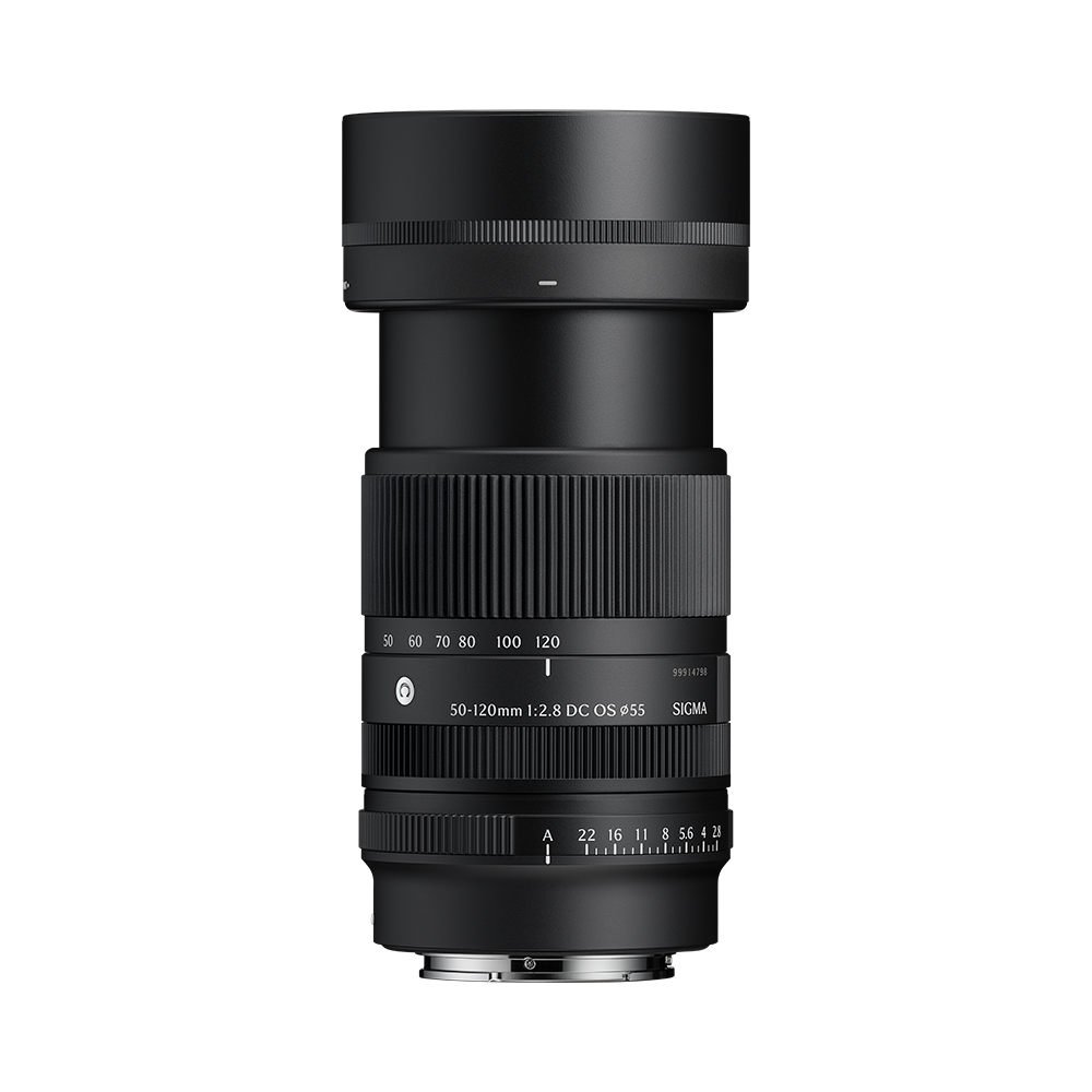 Sigma 50-120mm F2.8 DC OS Contemporary with the zoom extended, showing the aperture ring and HLA motor housing.