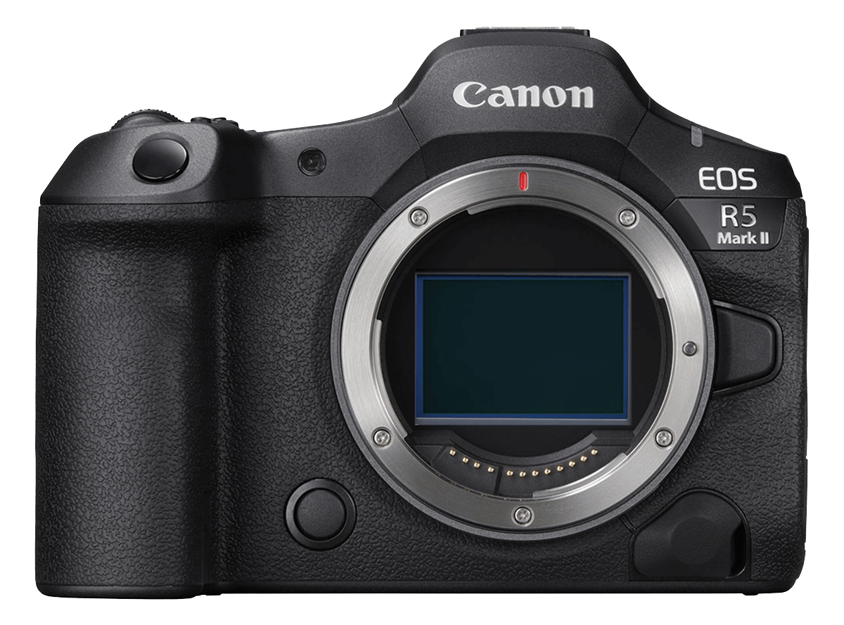 Canon EOS R5 Mark II from the official product announcement, showing the camera body with mode dial and grip