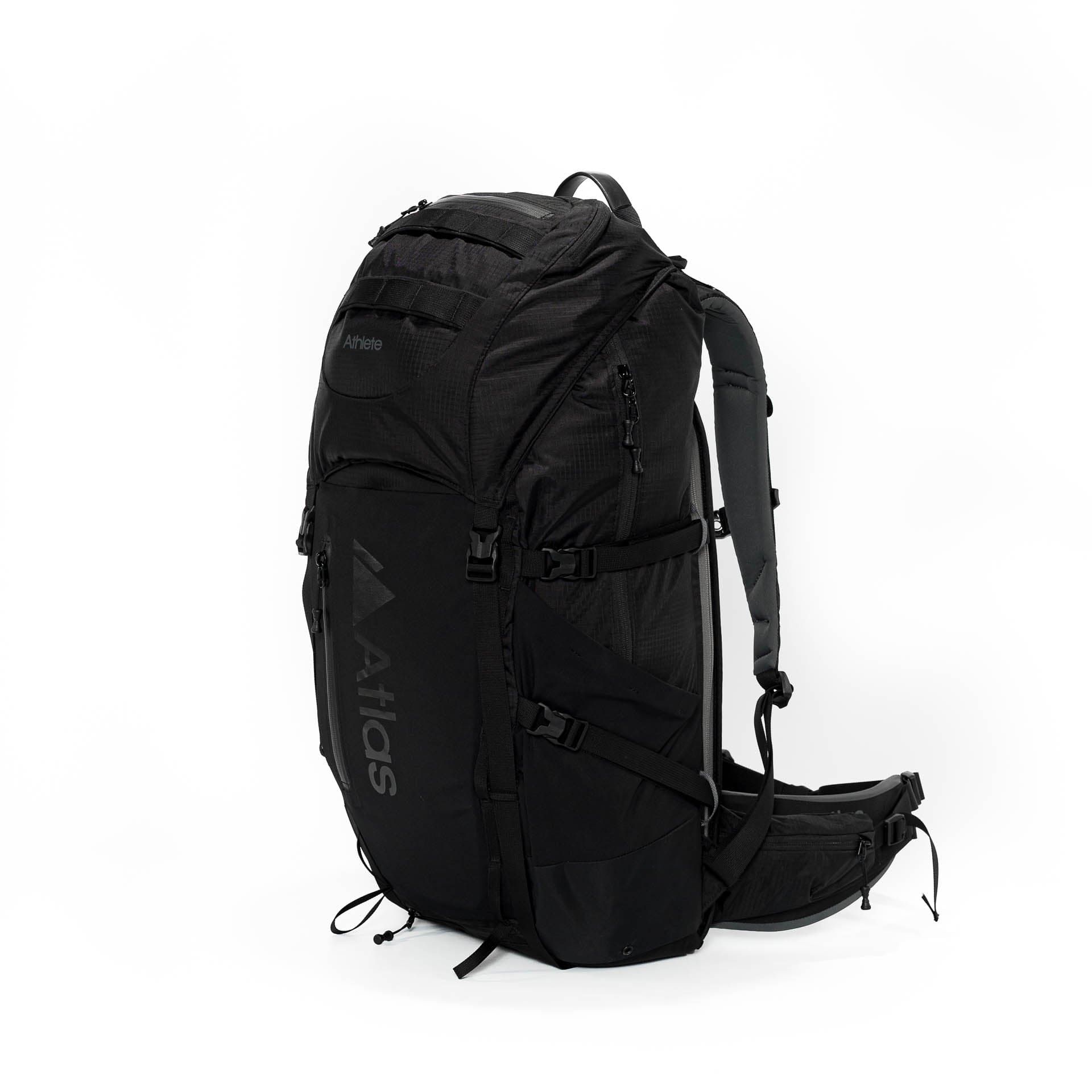 Atlas Athlete Pack camera hiking backpack in black with hip belt attached
