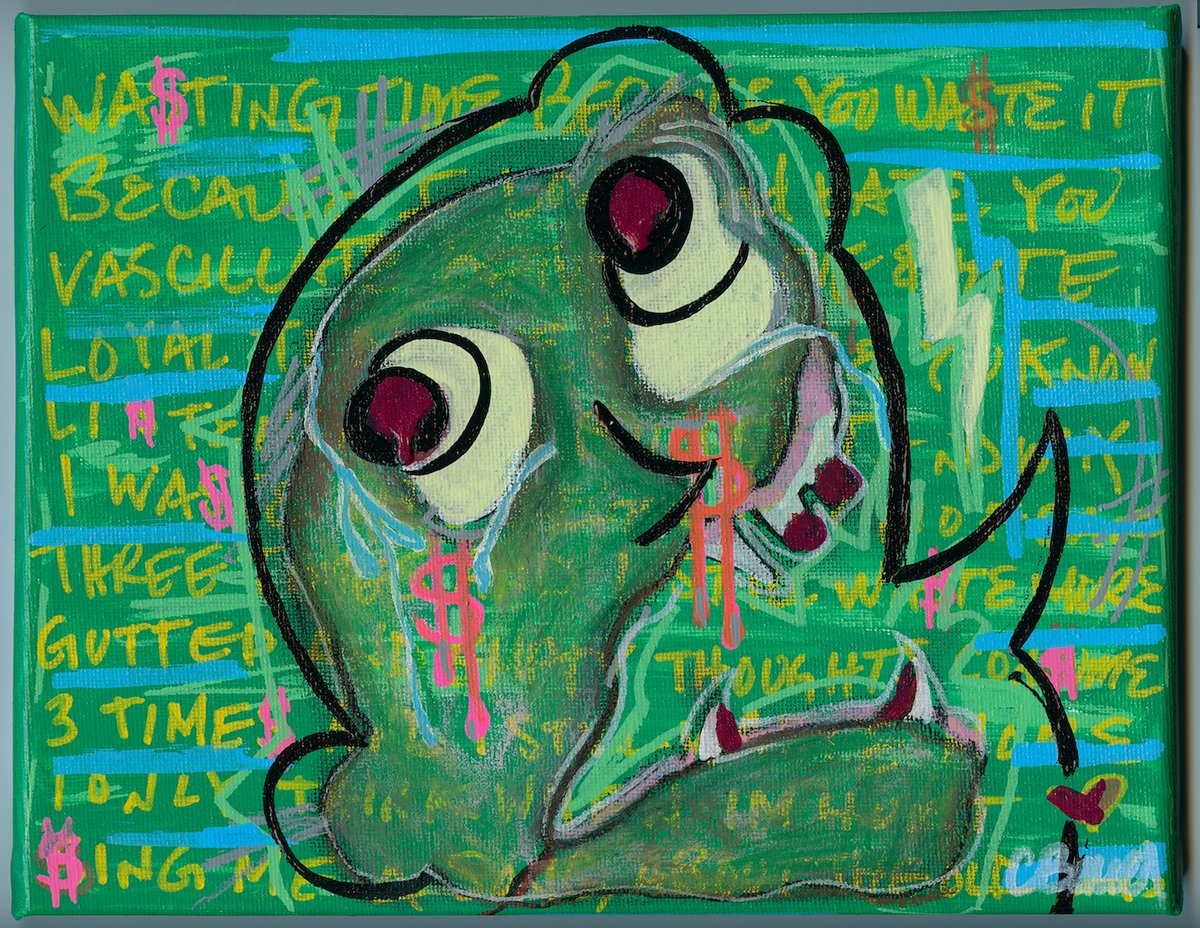 A painting of a crying green creature with dollar signs in its tears, over rows of yellow handwritten text.