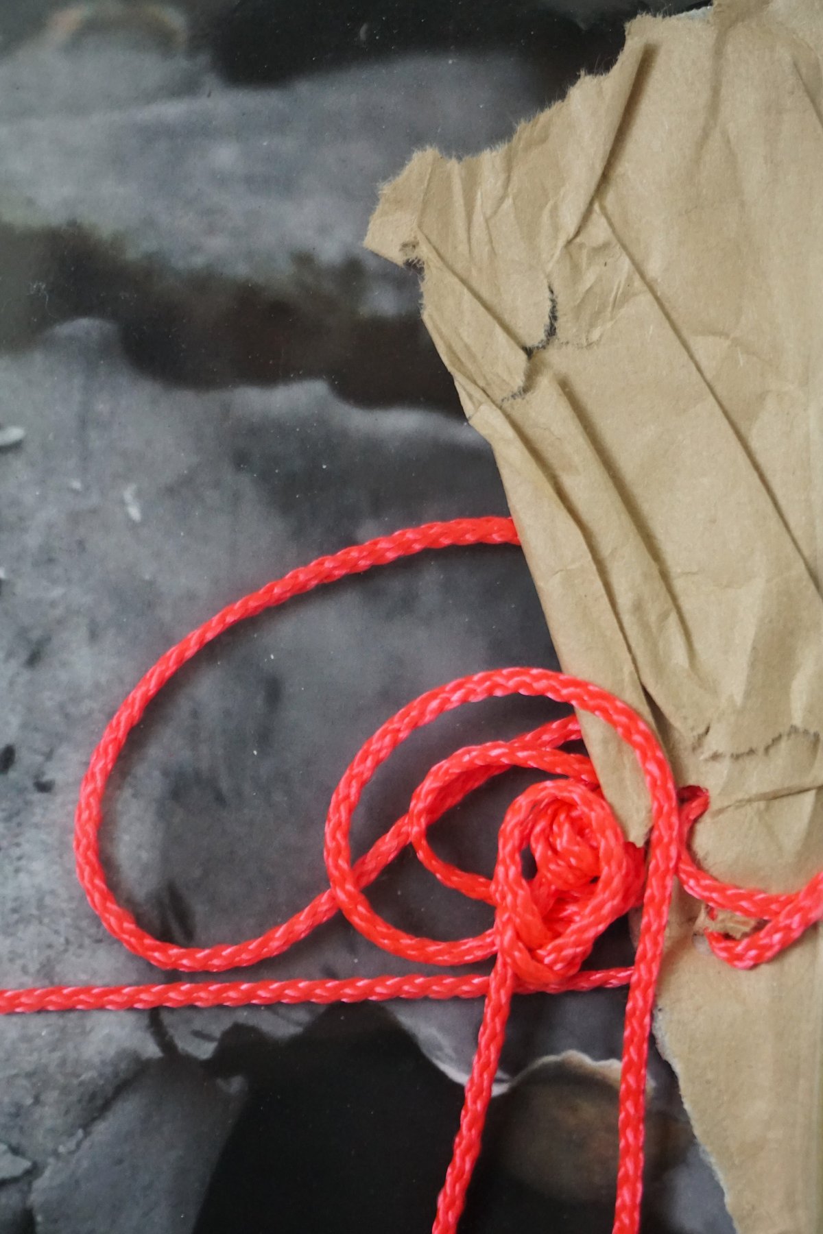 Detail: red string coiled into a knot over crumpled brown paper and gray char.