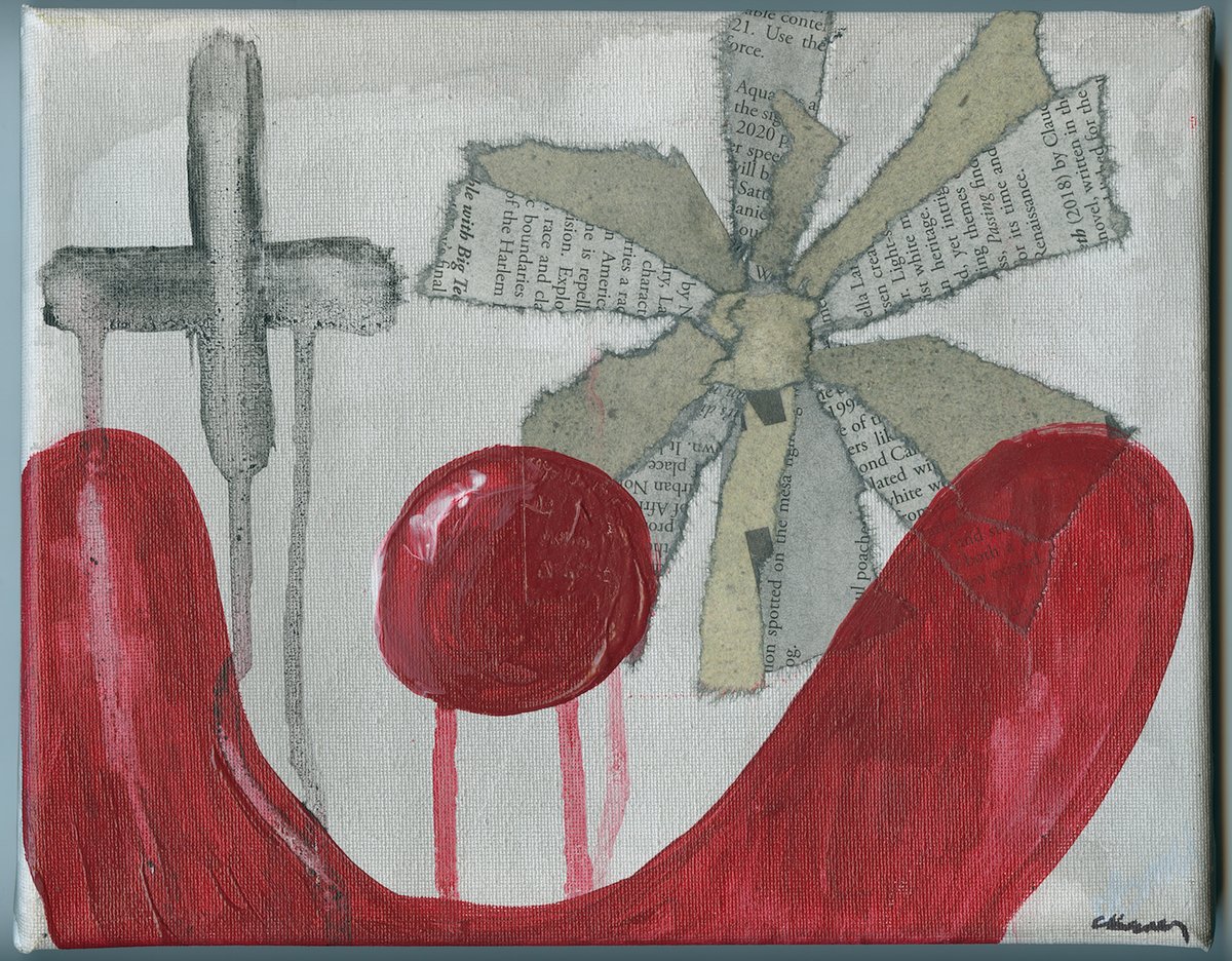 A painting on canvas: a red curving shape cradles a dripping red circle beside a gray cross and a pinwheel of torn book pages.
