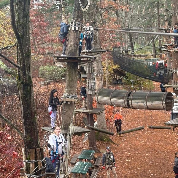 Group of people ziplining.