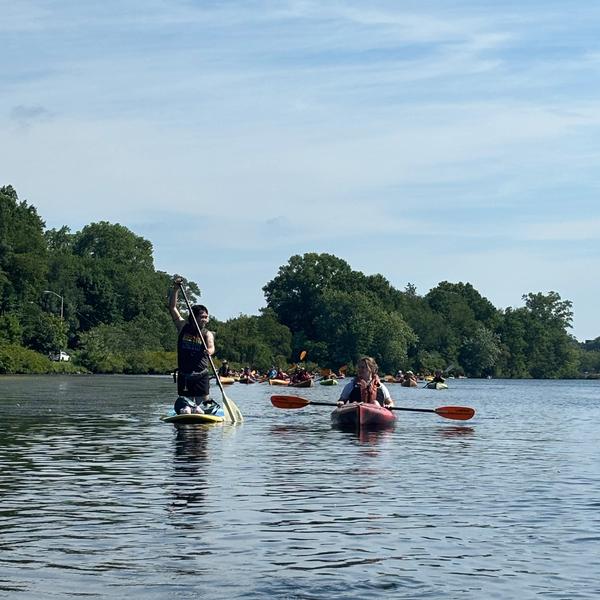 Man kneeling on a paddle board next to woman in kayak.