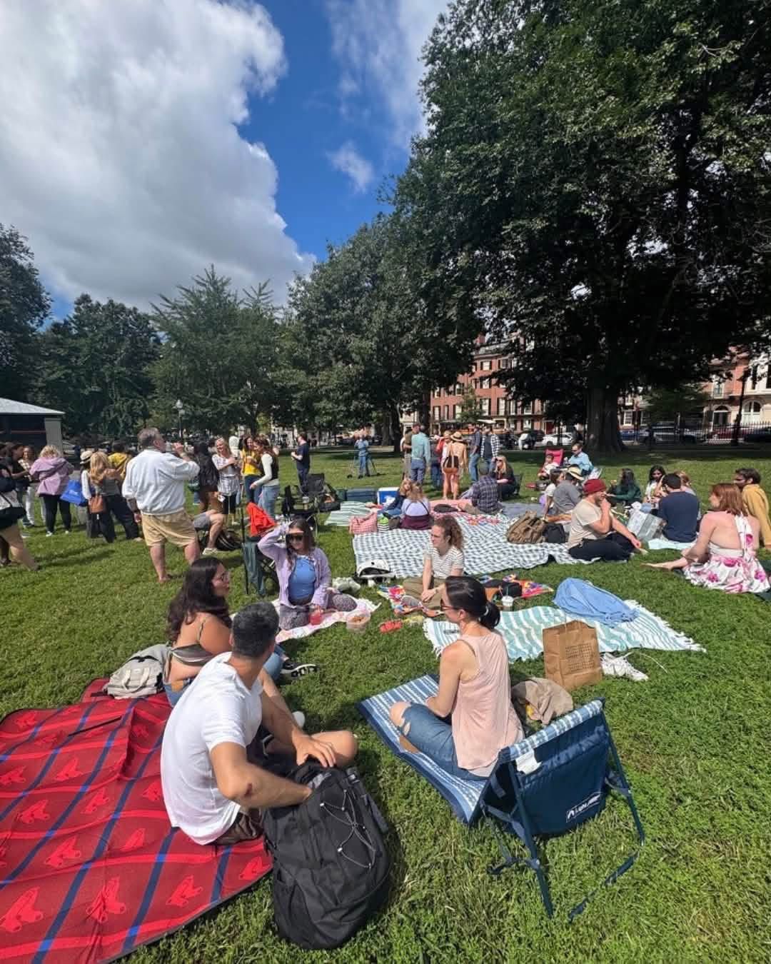 A large group of people seated and standing at a picnic on the Boston Common.