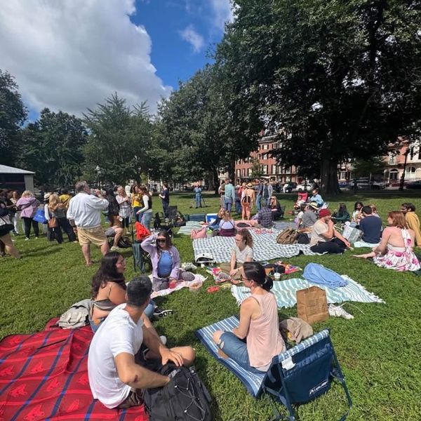A large group of people seated and standing at a picnic on the Boston Common.