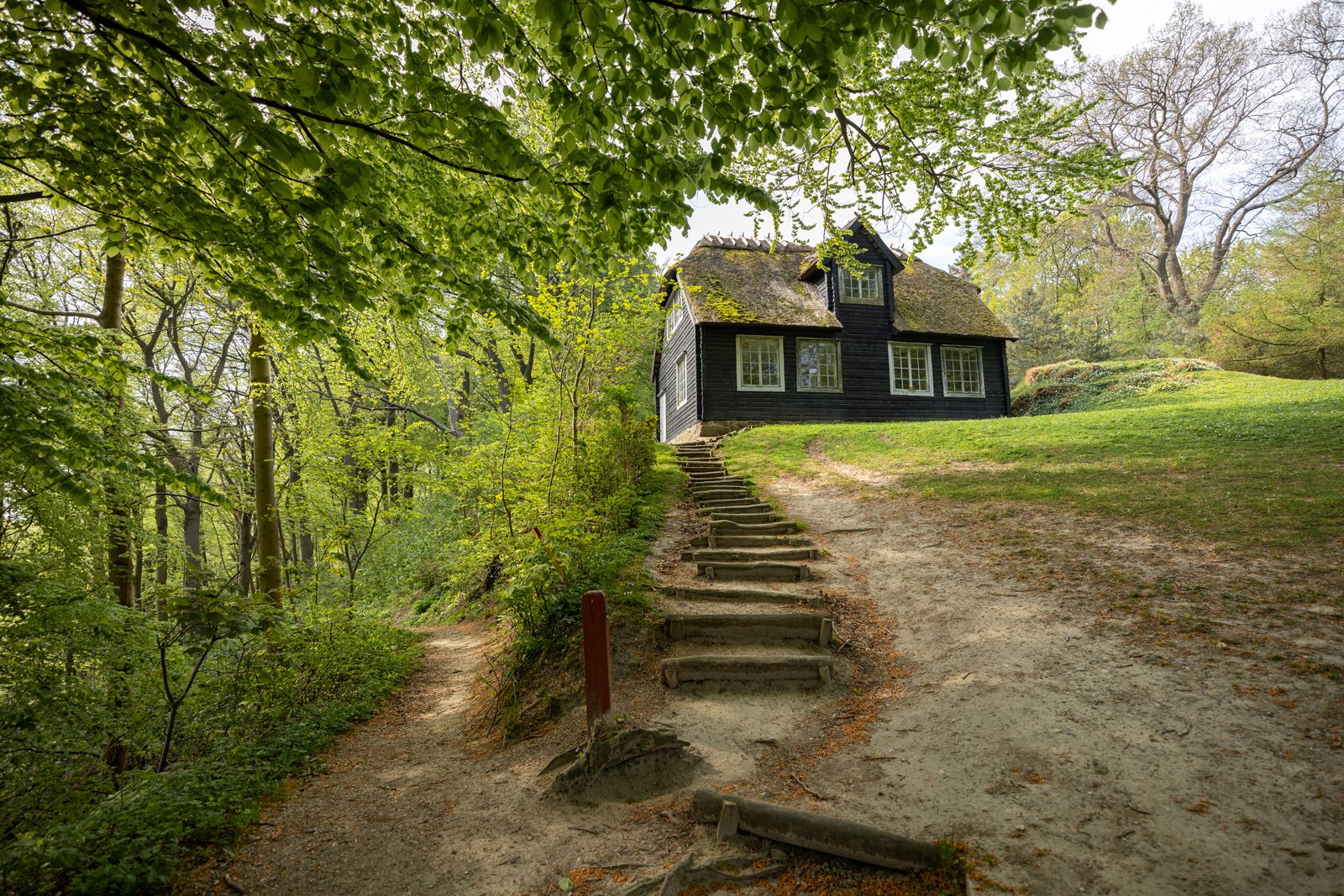 Det Norske Hus i Liselund Park, en lille mørk træbygning med græstag, nået via en trappe gennem skoven.