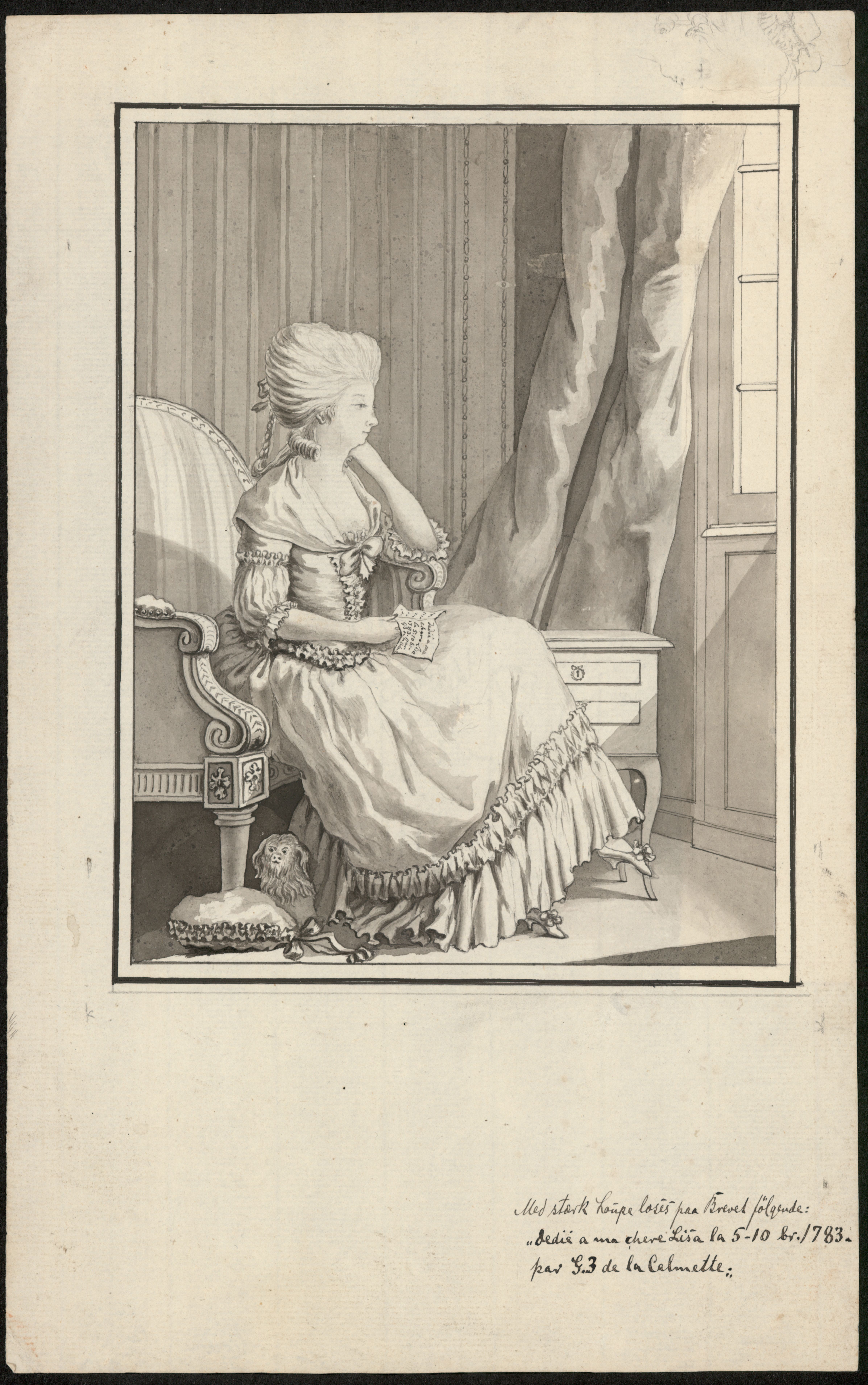Tegning fra 1783 af Lisa Calmette i tidstypisk fransk modedragt, siddende i en lænestol – knyttet til familien de la Calmette, der grundlagde Liselund.