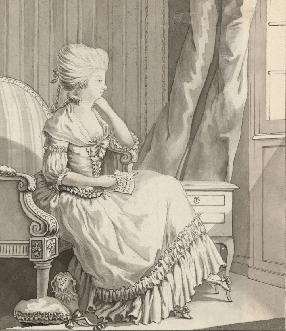 Tegning fra 1783 af Lisa Calmette i tidstypisk fransk modedragt, siddende i en lænestol – knyttet til familien de la Calmette, der grundlagde Liselund.