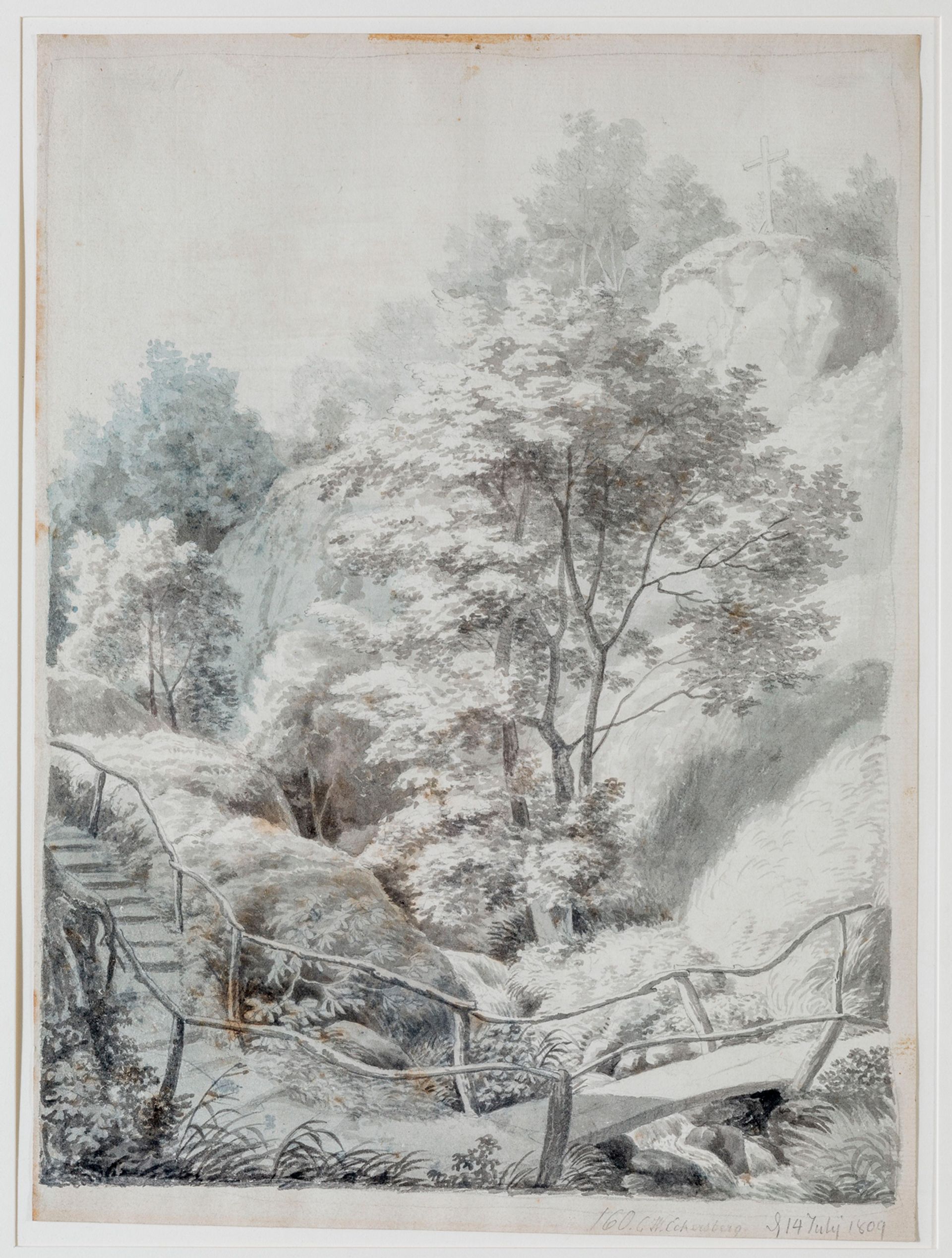 Akvarel af C.W. Eckersberg fra 1809, der viser den naturskønne slugt i Liselund Park med trapper, bro og frodig bevoksning.