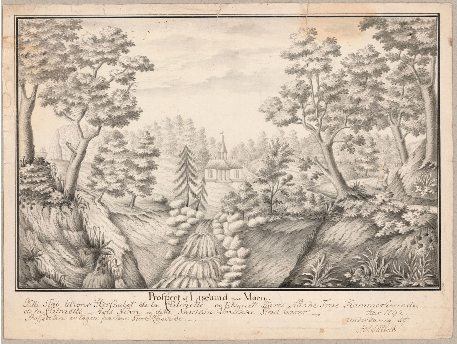 Kobberstik fra 1792 med titlen 'Prospect af Liselund paa Møen', der viser parkens landskab med slottet i baggrunden.