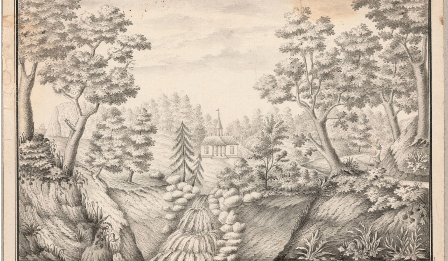 Kobberstik fra 1792 med titlen 'Prospect af Liselund paa Møen', der viser parkens landskab med slottet i baggrunden.