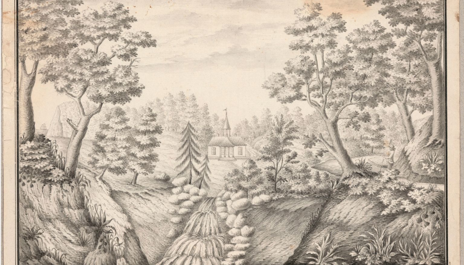 Kobberstik fra 1792 med titlen 'Prospect af Liselund paa Møen', der viser parkens landskab med slottet i baggrunden.