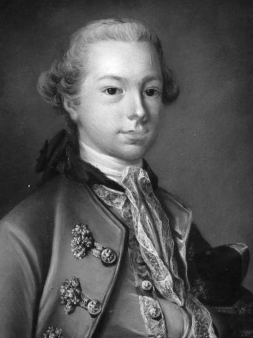 Historisk portræt af Antoine Bosc de la Calmette, som opførte Liselund Slot i 1790'erne, malet i fornem 1700-talsdragt.