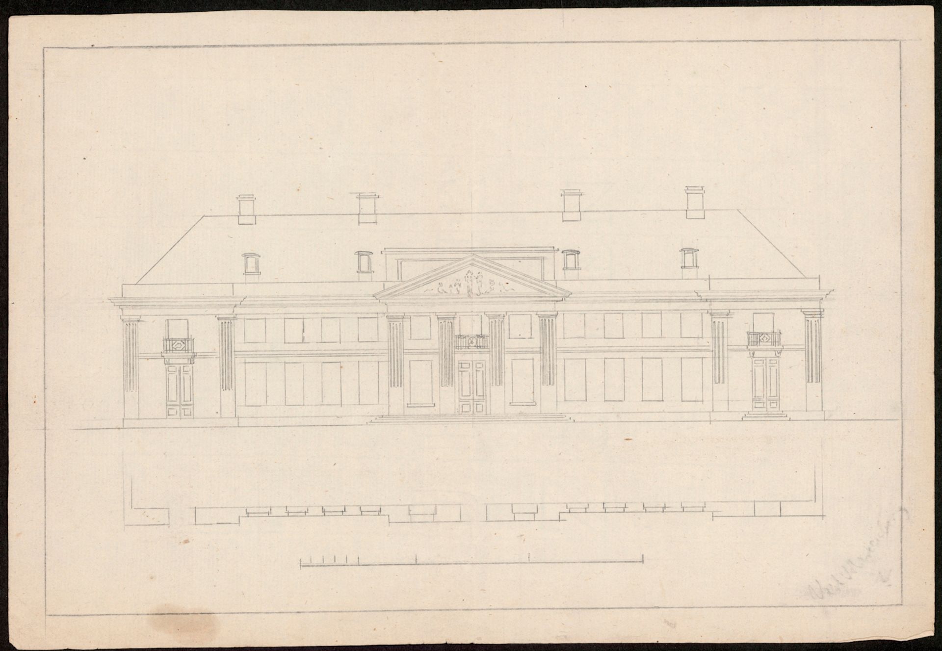 Historisk arkitekttegning af facade og grundplan for en større bygning på Liselund med søjler og en udsmykket gavltrekant.