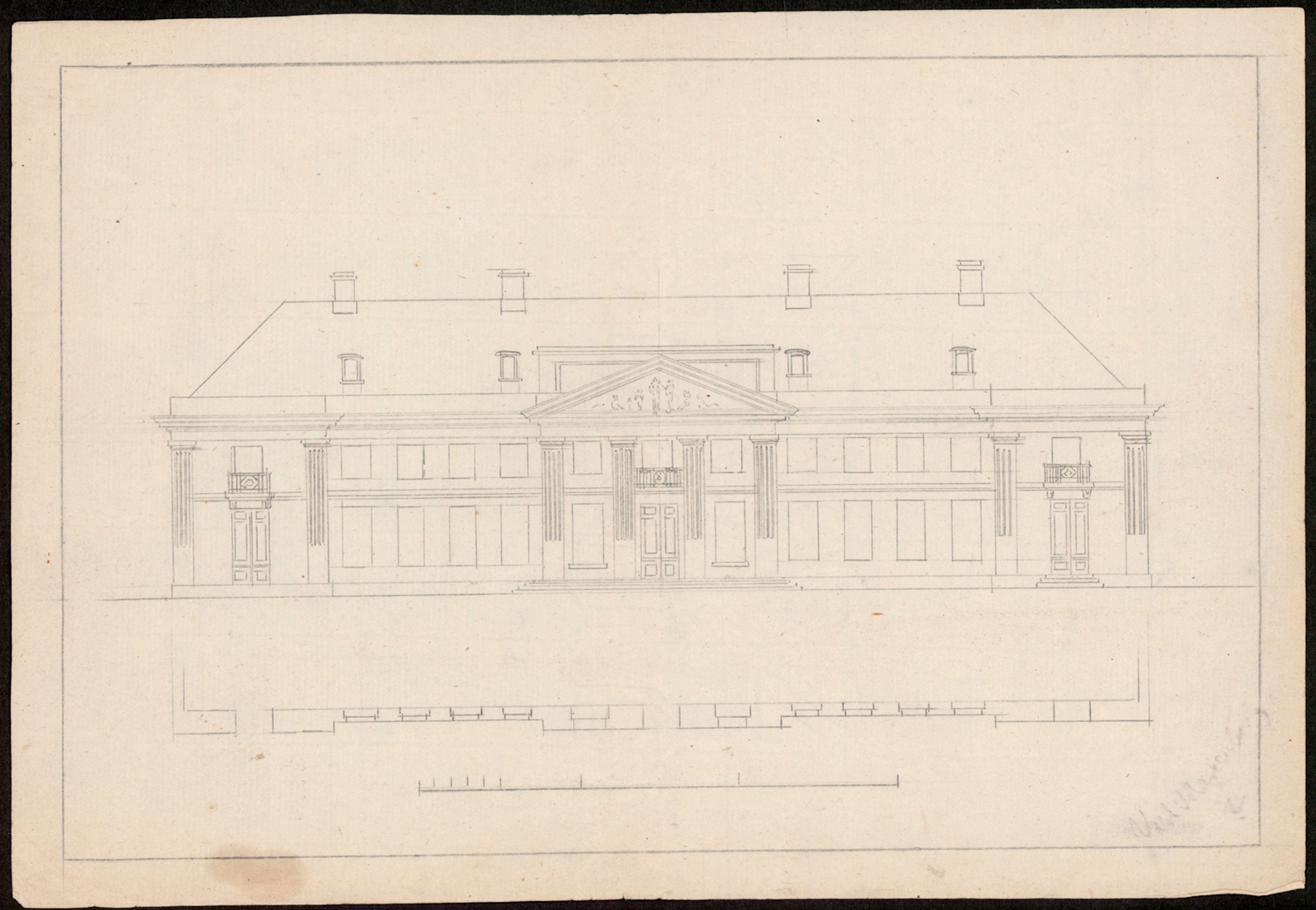 Historisk arkitekttegning af facade og grundplan for en større bygning på Liselund med søjler og en udsmykket gavltrekant.