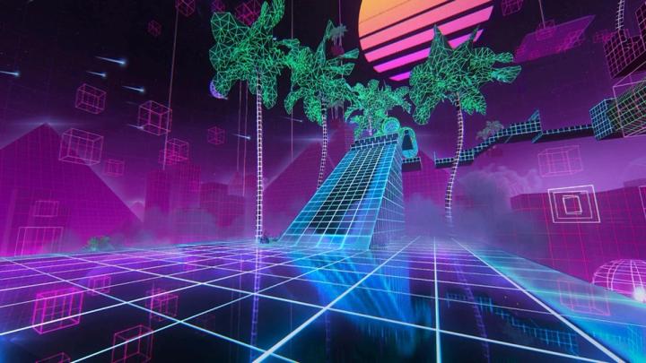 a futuristic landscape with palm trees and a pyramid in the background .