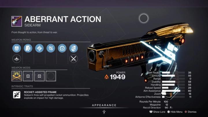 the Aberrant Action sidearm inspection screen in Destiny 2.