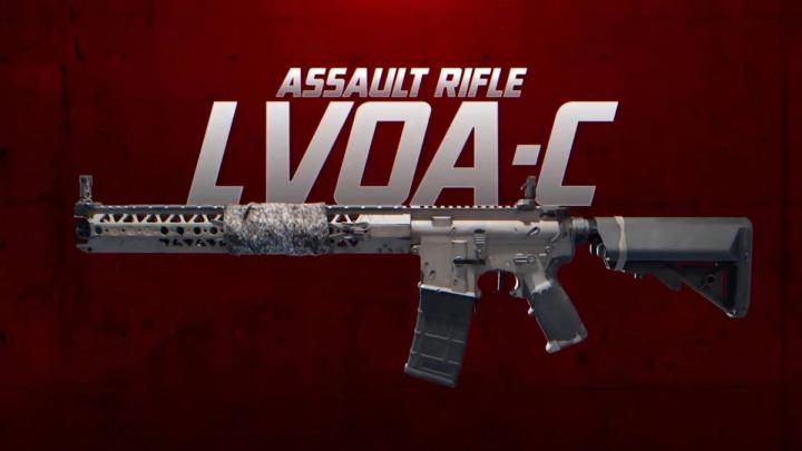 Image of XDefiant LVOA-C assault rifle on red background. Grey text is behind the weapon