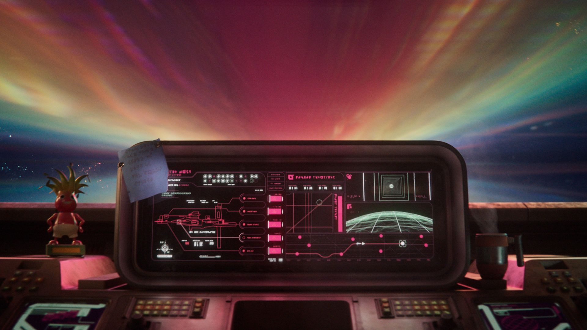 a dashboard of a Concord space ship with a statue of a pineapple on it .