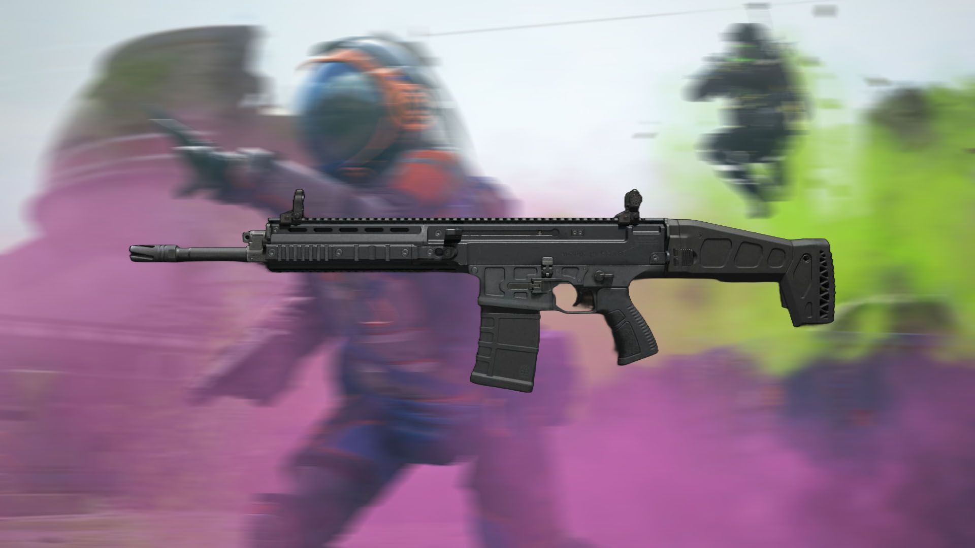 Warzone MTZ 762 assault rifle on blurred purple and green background featuring Warzone players