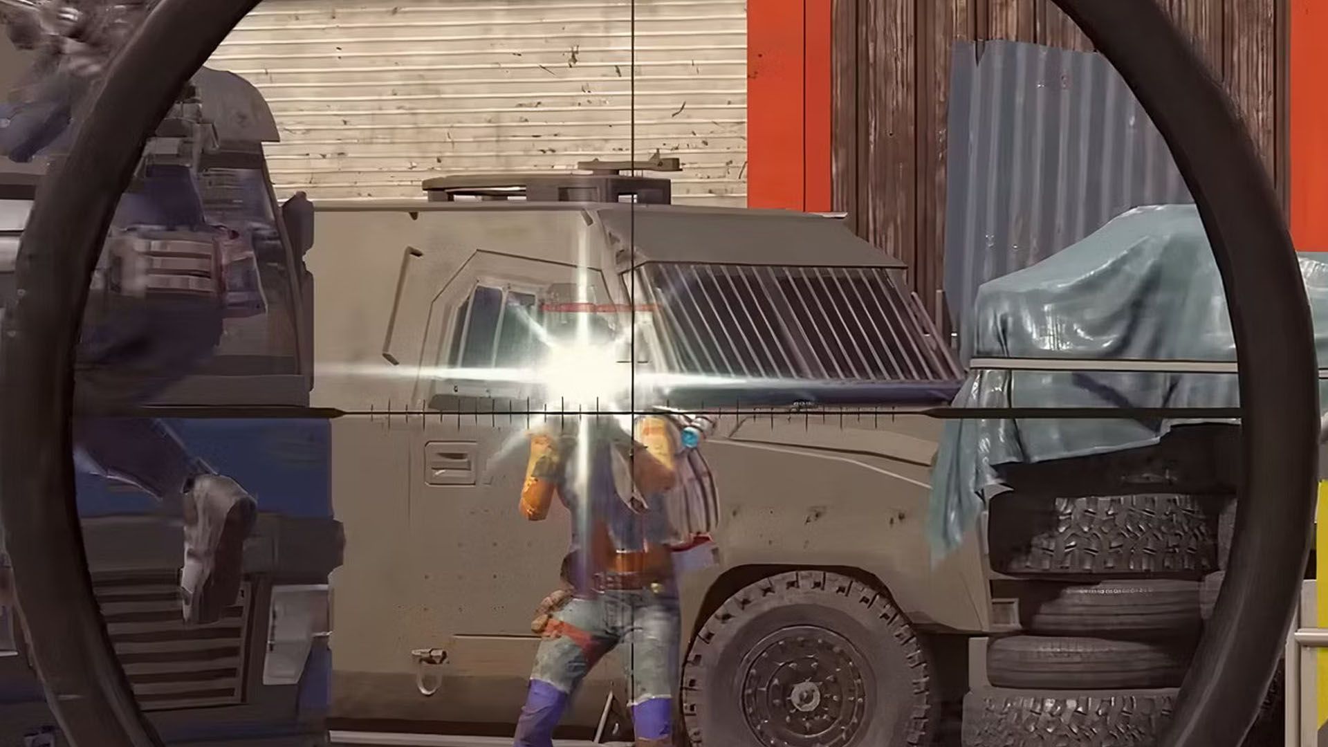 XDefiant player aiming with sniper rifle at opponent standing in front of military vehicle