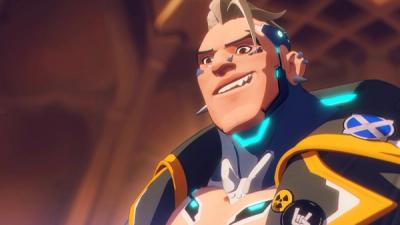 A close up screenshot of Hazard from his reveal animated trailer