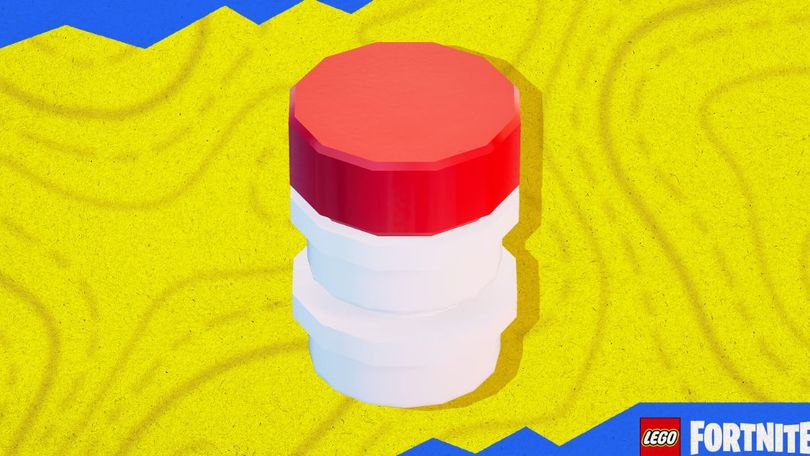 a red and white lego container is stacked on top of each other on a yellow background .