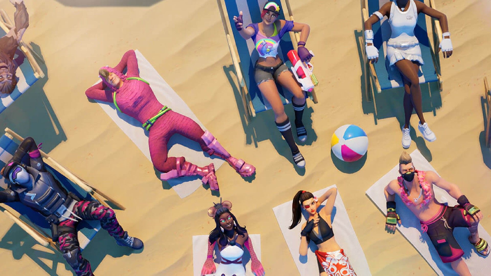 A group of Fortnite characters sunbathing on chairs and towels for Summer event
