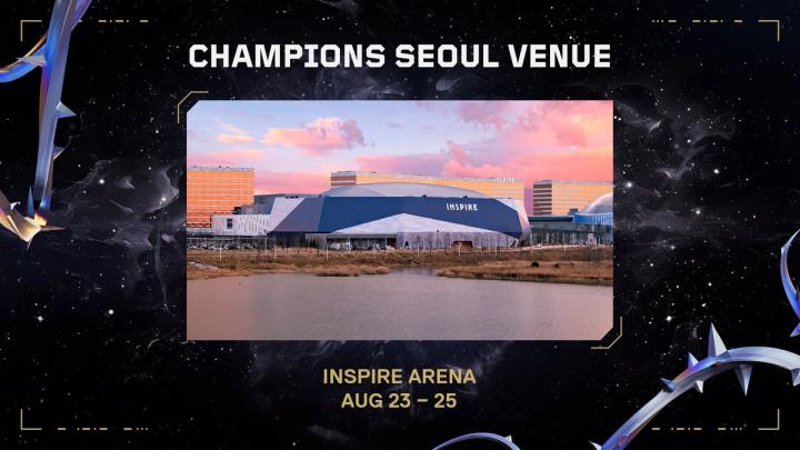 a poster for the champions seoul venue with a picture of a building and a river .