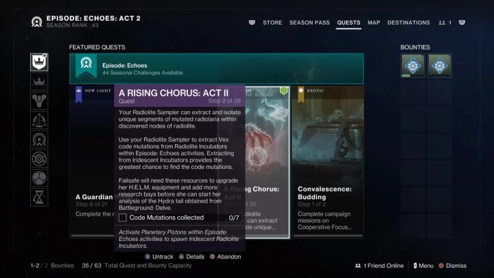 The quest tabs in Destiny 2 show the new quest “A Rising Chorus: Act II”