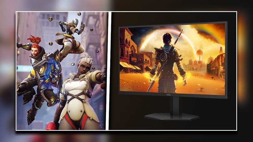 Three Overwatch 2 characters in different colored armor on one side of a white line. On the other, a black monitor with a stylized sunset scene on the display with a character standing in the middle.